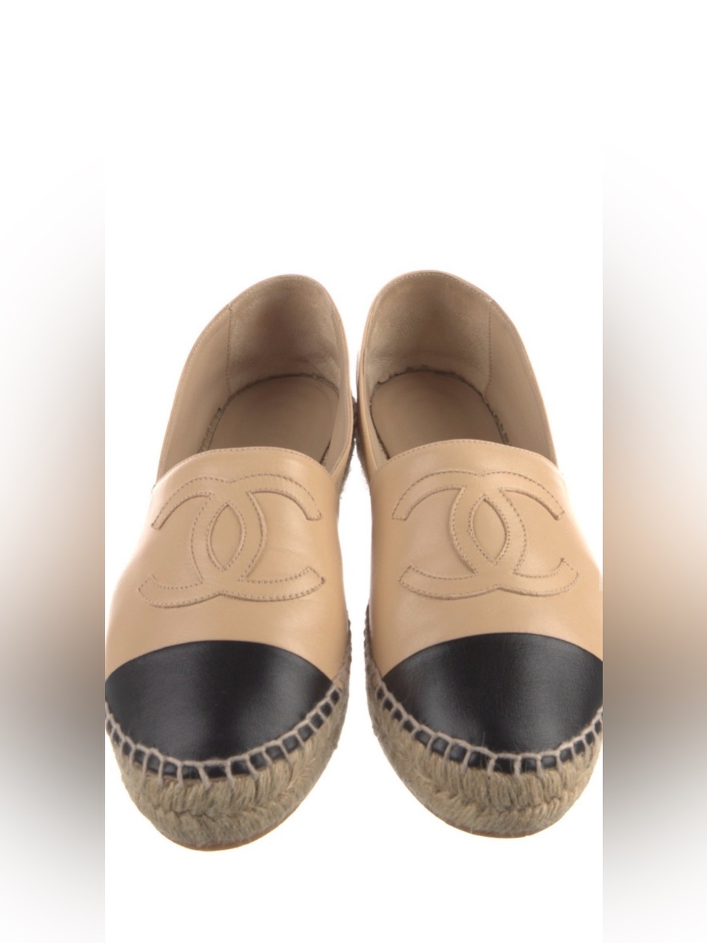 CHANEL Two-Tone Beige Leather Espadrille Flats with Black Cap Toe